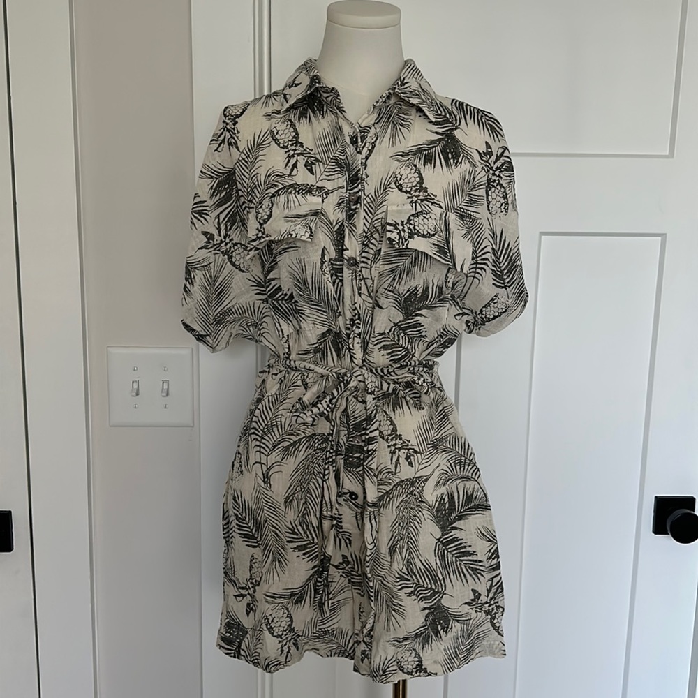 Gauzy Buttondown Romper with Palm Leaf Print